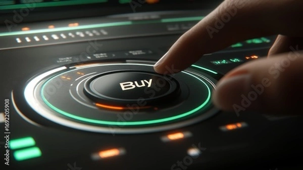 Obraz A hand presses a "Buy" button on a futuristic interface
