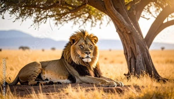 Obraz Majestic African Lion Resting Under Acacia Tree