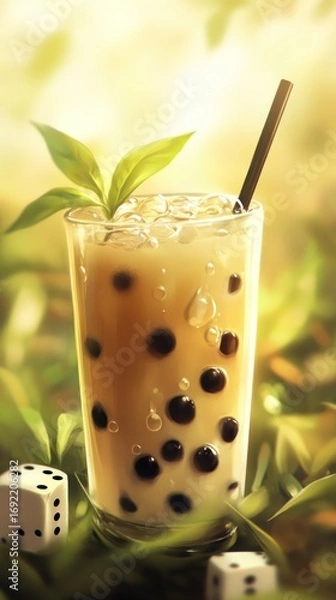 Obraz Creamy, iced boba drink in a glass, with dice and leaves