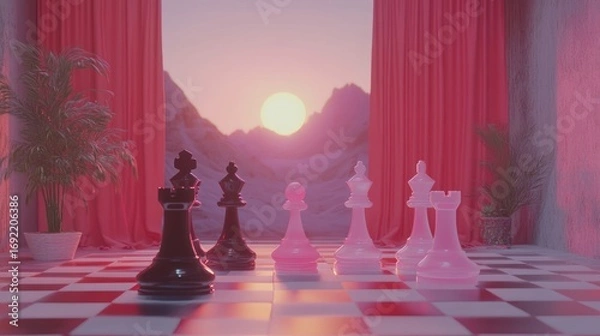 Obraz Chess pieces on a board, sunrise through drapes. Pink and black