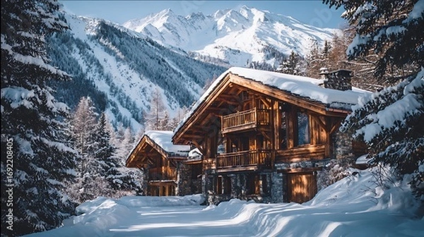Fototapeta Winter chalet mountain view snowy trees luxury home ski resort vacation rental cabin in the alps.