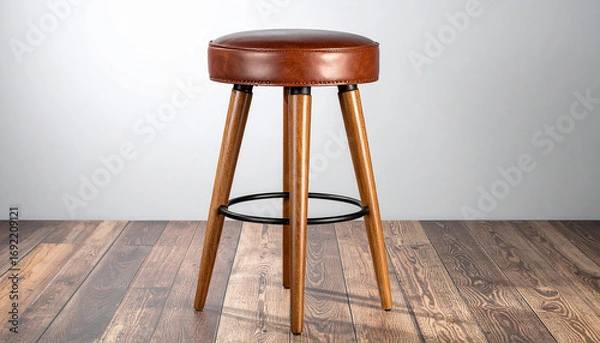 Fototapeta Elegant Bar Stool: A stylish bar stool with a rich brown leather seat and sleek wooden legs, set against a neutral background. Its modern design and clean lines suggest comfort and sophistication.