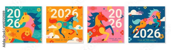 Fototapeta Happy Chinese New Year 2026 Year of the Horse. Vector illustration. Color China Christmas posters set with floral asian pattern. Spring holiday design funny geometric background. Japanese calendar art