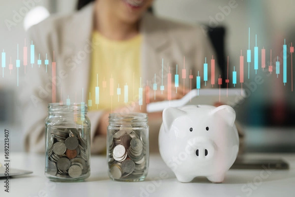 Fototapeta Businesswoman are calculating income-expenditure and analyzing real estate investment data at office, Accounting Financial and tax systems concept.