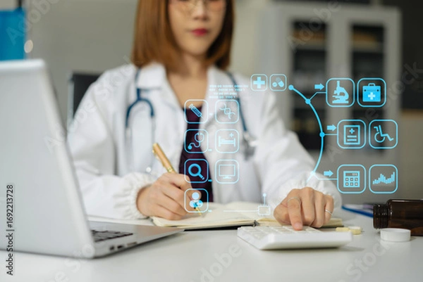Fototapeta Doctor physician with stethoscope calculate medical fee costs or revenue. practitioner use calculator at Clinic.