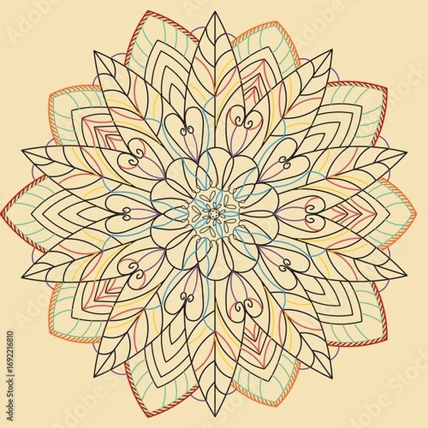 Fototapeta Vintage boho leaf mandala line art on beige