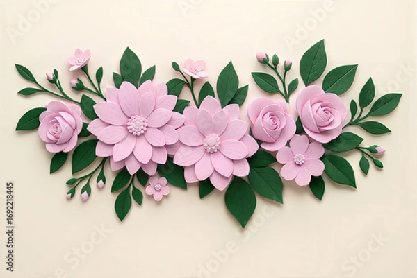 Fototapeta Beautiful arrangement of soft pink roses and green leaves romantic floral design overhead view white background