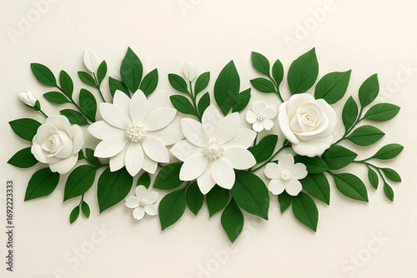 Fototapeta Delicate white paper flowers and lush green leaves arrangement botanical artistry for design projects white background