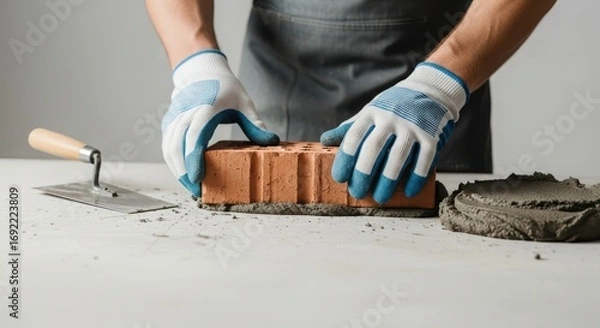 Fototapeta Construction worker laying brick with mortar in workshop setting