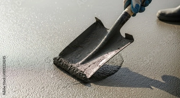Fototapeta Close-up of worker smoothing fresh concrete with shovel for construction