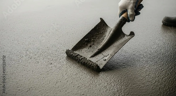Fototapeta Worker smooths wet concrete surface with trowel