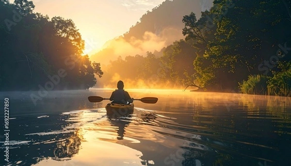 Obraz Sunrise Kayak Adventure in a Misty River