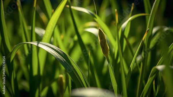 Fototapeta Close-up of green rice plants with a young grain spike emerging under sunlight, representing agriculture, crop growth, and natural farming in a fertile paddy field during the early growing season.