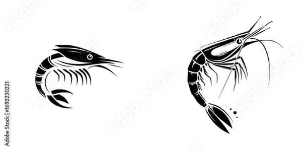 Fototapeta Two black and white shrimp icons in a stylized graphic design for a seafood restaurant logo or menu element