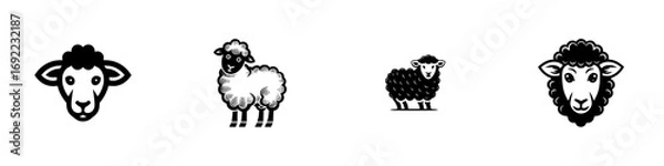 Fototapeta Set of black and white sheep icons for logos and emblems, collection of farm animal symbols isolated on a white background