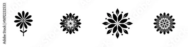 Fototapeta Collection of four black floral icons featuring geometric and ornamental designs for logos or decorative elements isolated on a white background
