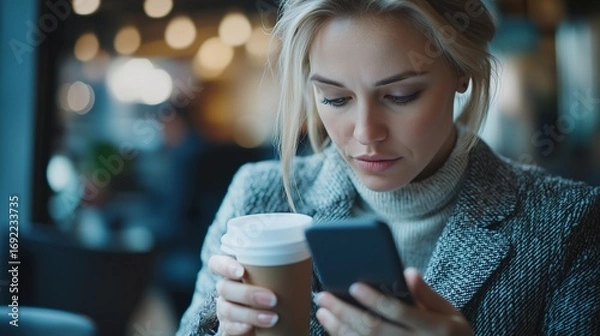 Fototapeta Woman holding cup of coffee and looking at her phone. Close up of female executive in coffee. A smartphone with a shallow depth field. A woman with a coffee cup gazing at lifestyle her phone.