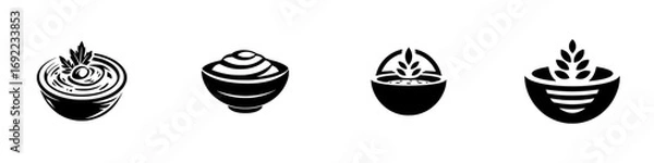 Fototapeta Collection of four minimalist food bowl icons featuring hummus, grains, and wheat for restaurant logos, healthy eating concepts, and graphic design elements