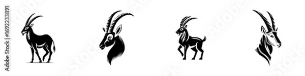 Fototapeta Graphic set of ibex and mountain goat icons in a bold black and white style for use as a company logo or emblem