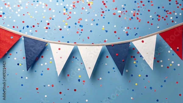 Fototapeta Patriotic red white blue bunting flags with star confetti scattered on light blue background creating American celebration party theme.