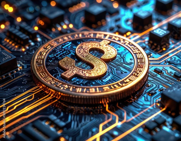 Fototapeta A gold coin with the letter S on it is displayed on a circuit board