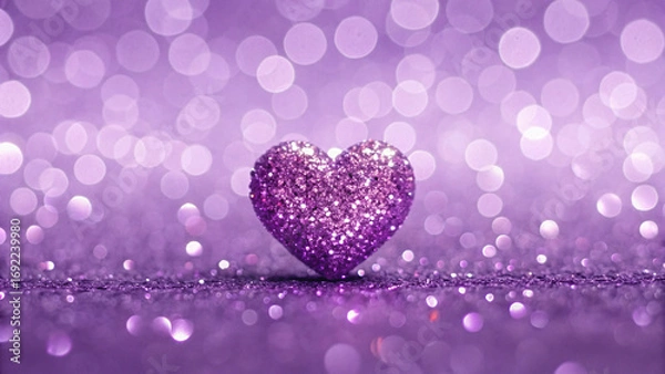 Fototapeta Purple glittery heart shape positioned on sparkling surface with bokeh lights creating romantic Valentine's Day themed background atmosphere