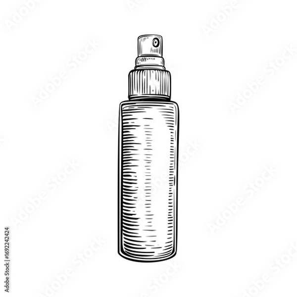 Fototapeta Vector hand drawn vintage illustration of cosmetic bottle in vintage engraved style. Package for shampoo, cream, tonic, lotion, serum. Black and white sketch isolated on white background