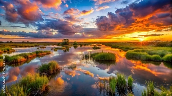 Fototapeta Dramatic sunset over a marsh with colorful clouds reflected
