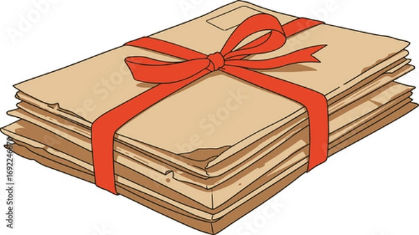 Obraz Stack of old letters with red ribbon on transparent background