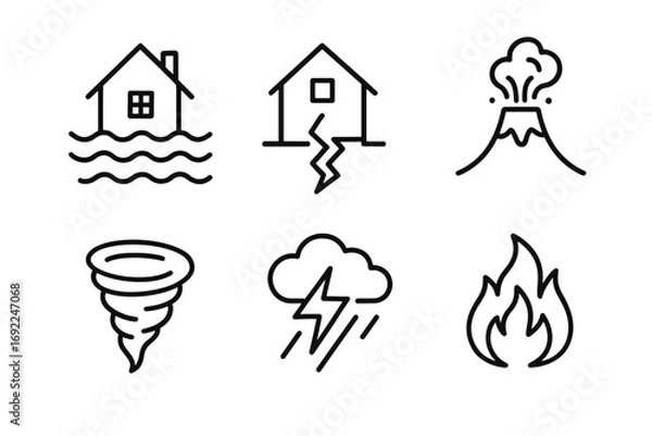 Fototapeta Natural disaster icons set: flood, earthquake, volcano, tornado, thunderstorm, fire