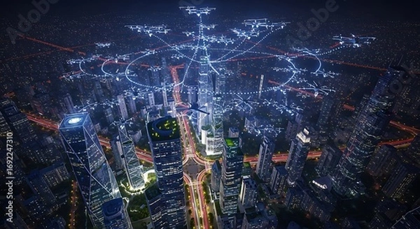 Fototapeta Night Cityscape - A High-Angle View of Illuminated Skyscrapers.