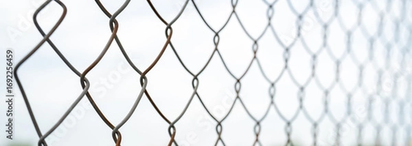 Fototapeta A close-up of a rusted wire fence against a cloudy sky.