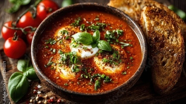 Fototapeta Shakshuka with Poached Eggs, Tomato Sauce, Herbs, and Grilled Bread