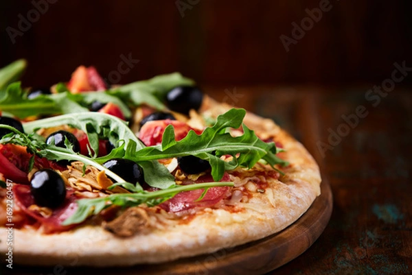 Fototapeta Pizza with salami, tomatoes and mozzarella cheese, black olives and arugula. Rustic wooden background. Soft focus. Copy space. 