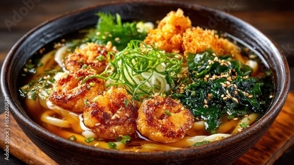 Fototapeta Delicious Udon Noodle Soup with Tempura, Seaweed and Scallions in Bowl