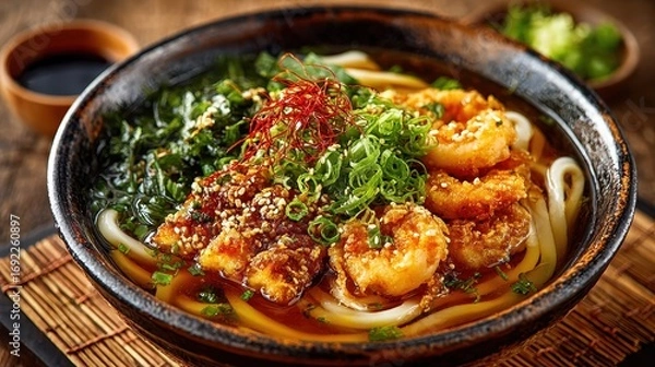Fototapeta Udon Noodle Soup with Tempura Shrimp, Seaweed and Green Onions