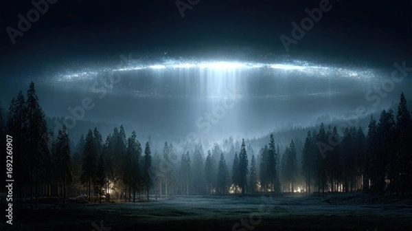 Fototapeta Mystical Forest Landscape with Glowing Celestial Light and Foggy Atmosphere
