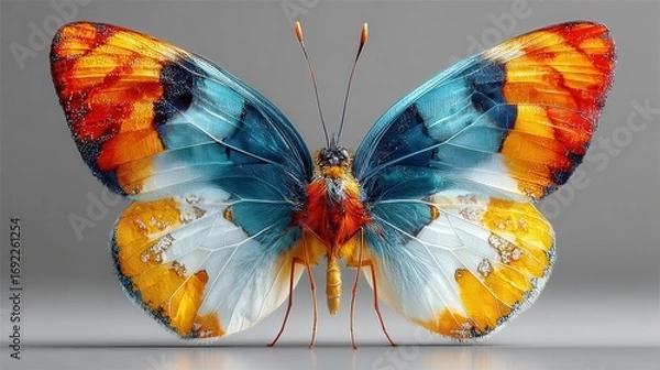 Fototapeta Detailed Macro of a Colorful Butterfly with Open Wings on Gray Background
