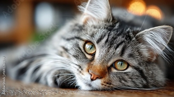 Fototapeta Close-up portrait of a beautiful tabby cat with green eyes resting