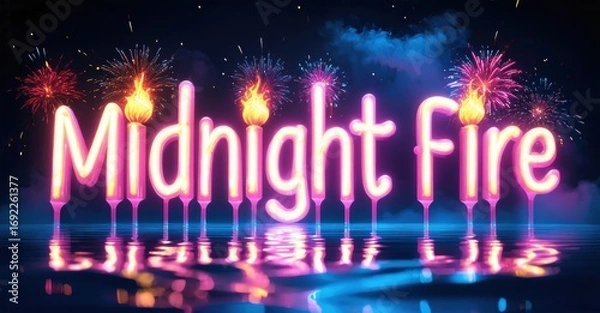 Obraz Bright Midnight Fire text glows above water. Fireworks burst vividly against dark night sky. Reflections shimmer below. Festive, celebratory scene.