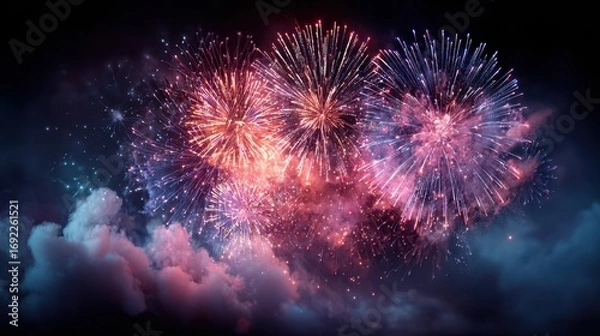 Fototapeta Vibrant Fireworks Display Against Dark Sky with Colorful Smoke Clouds