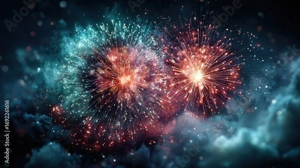 Fototapeta Spectacular Fireworks Display with Red and Teal Bursts Against Dark Sky