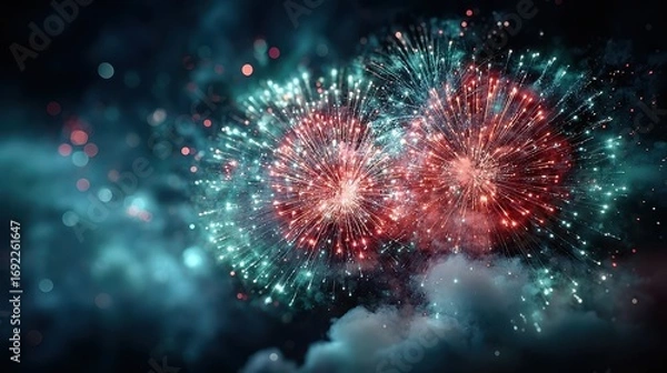 Fototapeta Spectacular Fireworks Display with Red and Teal Bursts in the Night Sky