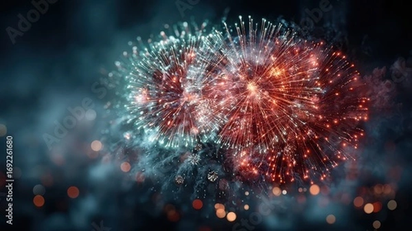 Fototapeta Spectacular Fireworks Display with Red and Teal Bursts in Night Sky