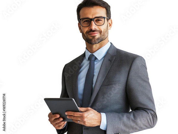 Fototapeta Portrait of professional businessman in suit holding tablet for business and finance use , isolated on transparent background