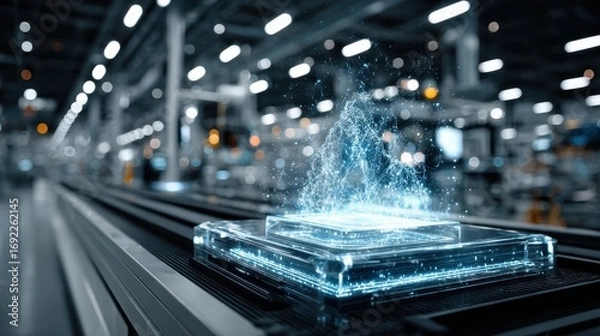 Fototapeta Futuristic Technology Concept: Data Processing on Conveyor Belt in Factory