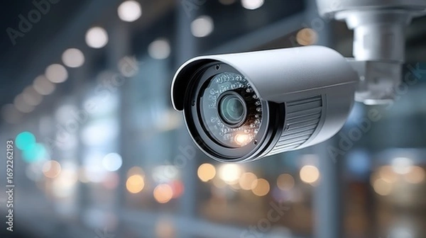 Fototapeta Security Camera Surveillance System with Blurred City Lights Background