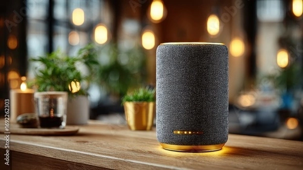 Fototapeta Smart Speaker on Wooden Countertop with Ambient Lighting and Plants