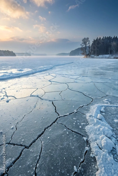 Fototapeta realistic ice surface texture with cracks, frozen lake detail.