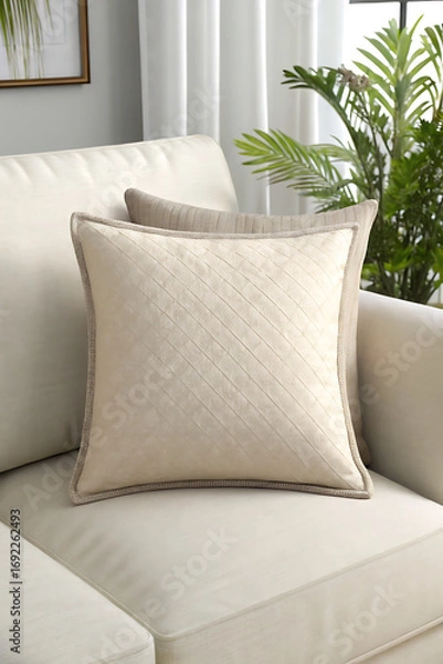 Fototapeta realistic square pillow with neutral cover on sofa, clean mockup